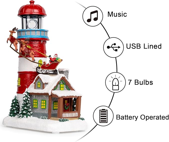 Musical Christmas Village Figurines Lighthouse & Flying Santa Collectibles Building Statues, Battery & USB Christmas Home Decor Gifts Festive Holiday Decorations