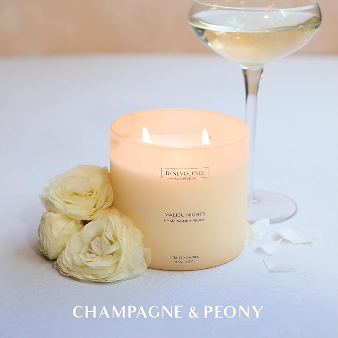 Champagne & Peony – Benevolence LA Large 3-Wick Fall Scented Candle for Home | 15oz, 50-Hour Burn | Natural Soy Wax, Cotton Wicks | Romantic Autumn Fragrance | Malibu Sands Collection – Gift for Women
