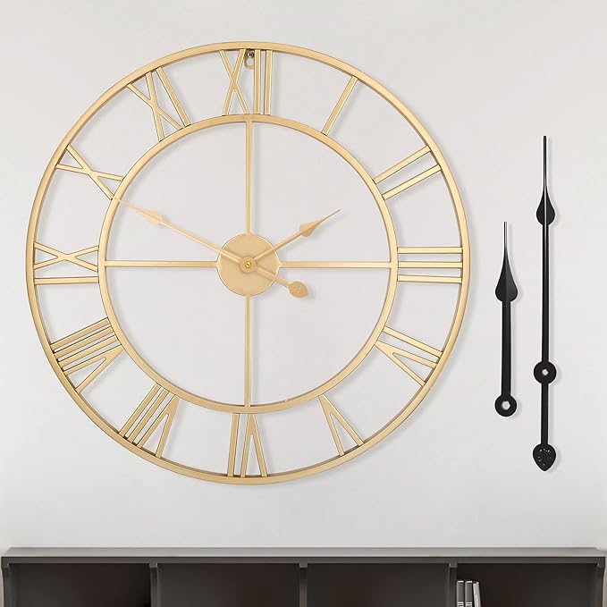 LEIKE Large Modern Wall Clocks,18" Gold Metal,Rustic,Round,Silent Non Ticking,Battery Operated Roman Numerals Clock for Living Room/Bedroom/Kitchen Wall Decor-(Gold, 47cm)