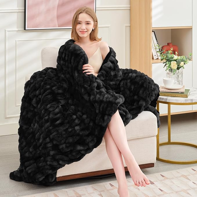 Ultra Soft Luxury Faux Fur Twin Blanket for Counch,Fuzzy Fluffy Plush Warm Cozy Elegant Wrinkled Blanket for Sofa Bedroom Living Room,（60"x80",Tie-dye Black）