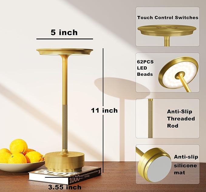 Cordless Table Lamp, LED Rechargeable Table Light with 3 Temp Settings, Stepless Dimming, 5000mAh Battery, USB-C, Memory, Aluminum Alloy, for Home, Patio, Restaurant, Outdoor. Gold