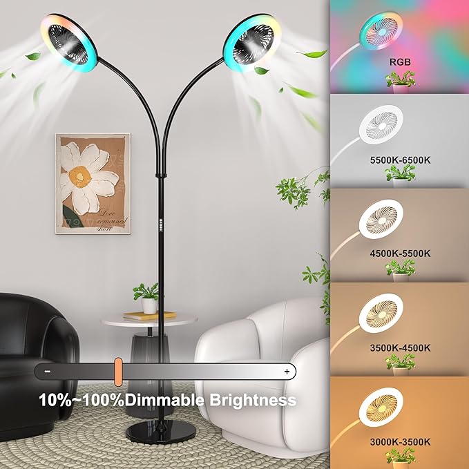 Floor Lamp with Fan Fan Light with RGB 12w/1000lm LED Floor Famp, Stepless Adjustable 3000K-6000K Color and Dimmer, Remote and Button Control, Adjustable Gooseneck Gloor Lamp (Black-2)