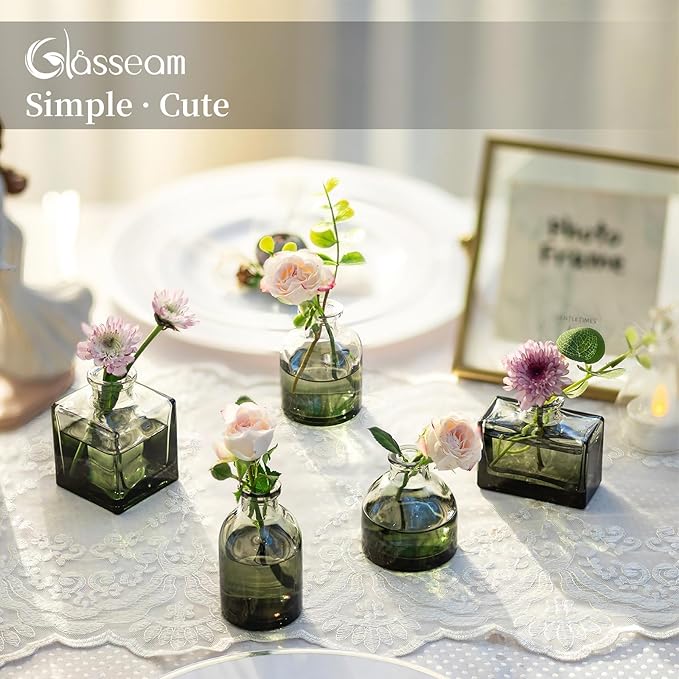 Glasseam Green Glass Bud Vase: Mini Small Vases for Centerpieces Cute Flower Vase Set of 5 Tiny Vases for Flowers Decorative Centerpiece Decor Table Wedding Party Dining Room Decoration