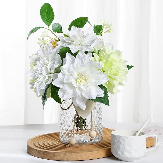 Fake Flower with Vase,White Silk Dahlia Artificial Flowers in Clear Glass Vase for Home Bathroom Office Desk Party Centerpiece Coffee Table Decor