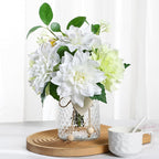 Fake Flower with Vase,White Silk Dahlia Artificial Flowers in Clear Glass Vase for Home Bathroom Office Desk Party Centerpiece Coffee Table Decor