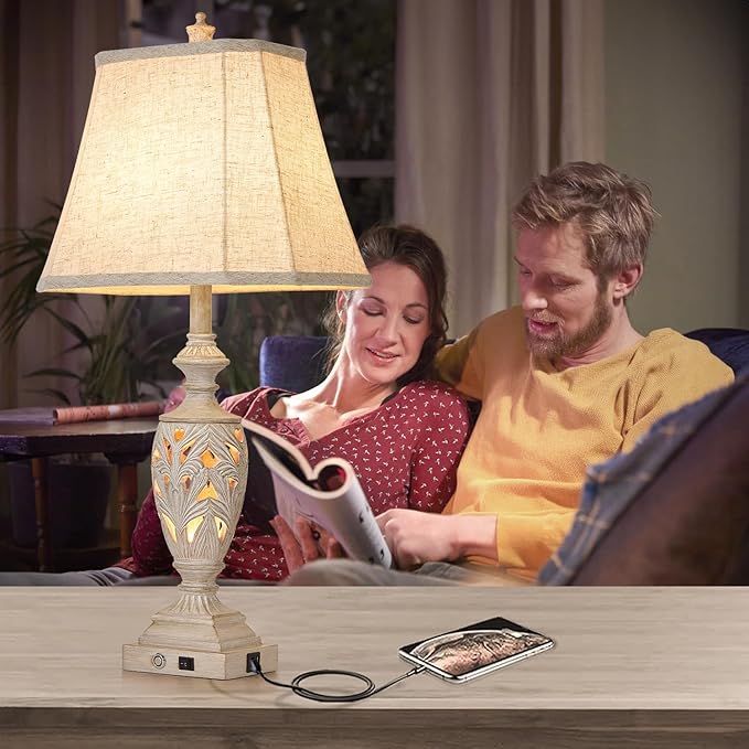 29.5"H Touch Control Traditional Table Lamp Set of 2,Vintage Bedside Lamp Nightstand Lamps with Dual USB Ports,3-Way Dimmable Hollow Out Leafwork White Washed Finish Desk Lamps for Living Room,Bedroom