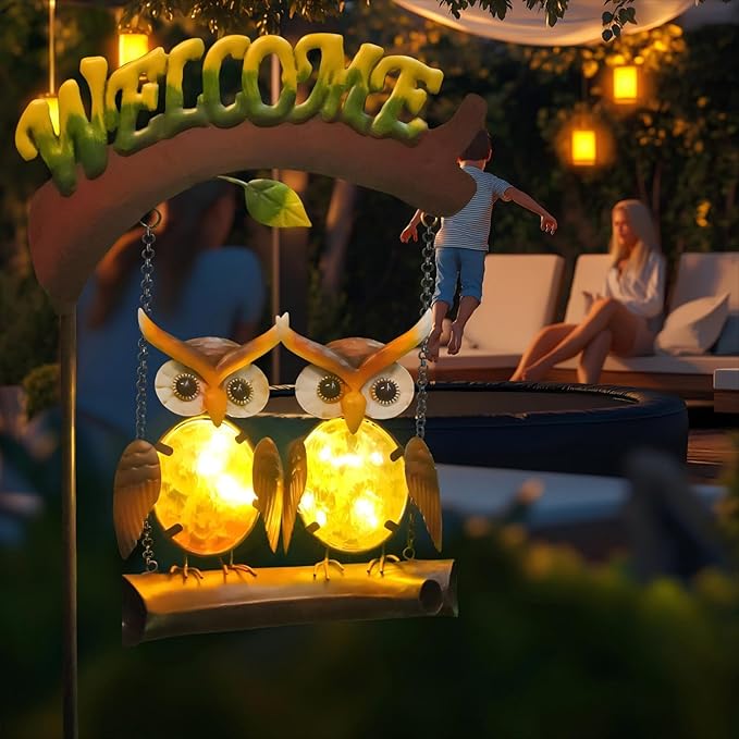 HONGLAND Solar Lights Outdoor Decor, Owl Swing Garden Decor, Owl Gifts for Women Mom, Whimsical Garden Lights Outdoor Decorations with Welcome Sign for Outside Patio Yard Lawn Decor