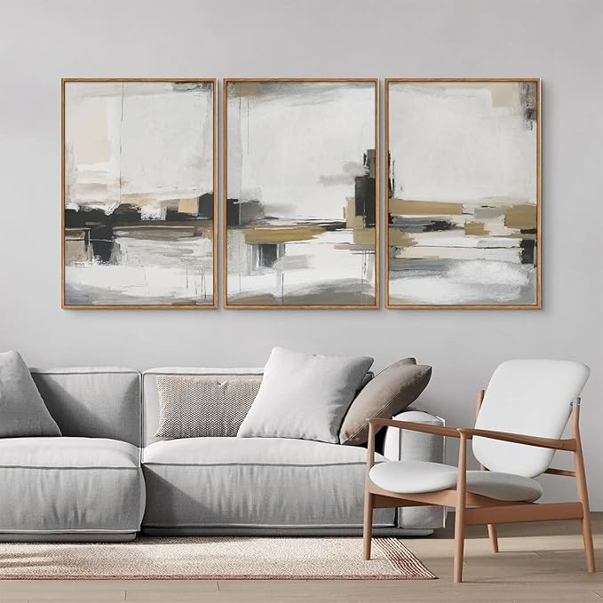 SIGNINART Beige Abstract Framed Canvas Wall Art Set, Black and White Textured Art Prints, Paint Strokes Minimalist Shapes Wall Decor, Neutral Modern Art Paintings for Living Room, Bedroom, Office 16"x24"x3