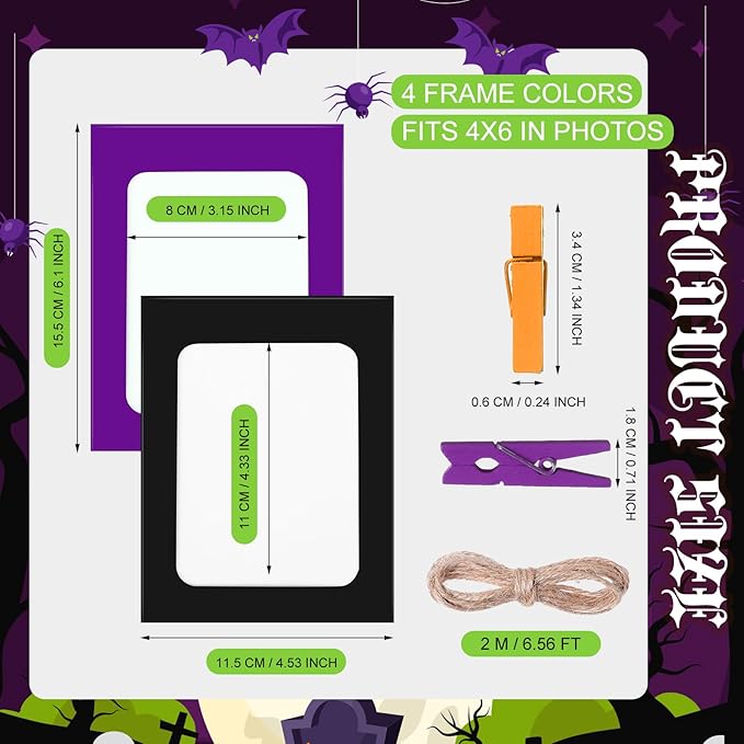 Janlaugh 100 Pcs Halloween Paper Photo Frames 4x6 Orange Black Purple Green Paper Frame with 100 Clip 10 String Kit DIY Hanging Cardboard Photo Holder Halloween Wall Decor Wedding Home