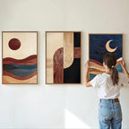 SIGNINART Boho Mid Century Modern Framed Canvas Wall Art, Bohemian Geometric Wall Decor, Abstract Sun and Moon Artwork,Beige and Black Wooden Art Paintings for Living Room Bedroom Office 16"x24"x3