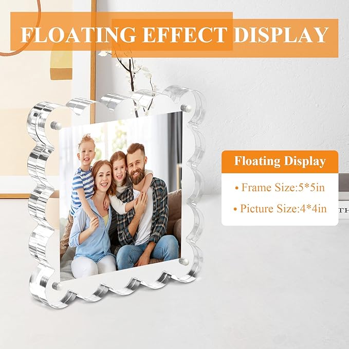 Clear Picture Frames 3Pack - Acrylic Magnetic Photo Frame 4×4 Inch, Double Sided Magnet Frames with Scalloped Edges, 10+10mm Thick Freestanding Gift for Office/Home(Clear, 4x4)