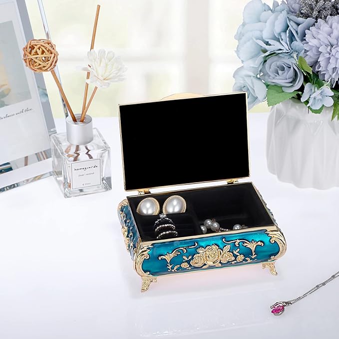ELLDOO Vintage Music Box, Blue Metal Musical Jewelry Box Keepsake Box, Small Trinket Jewelry Storage Box Gift for Girl Women (Tune: You are My Sunshine)