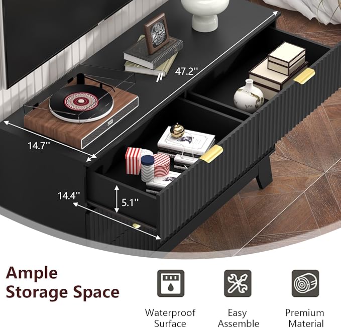 Fluted Dresser for Bedroom,6 Drawer Dresser for Closet,Storage Cabinet and Chest of Drawers with Gold Handle,TV Stand,Storage Organizer for Living Room,Hallway,Entryway,Black