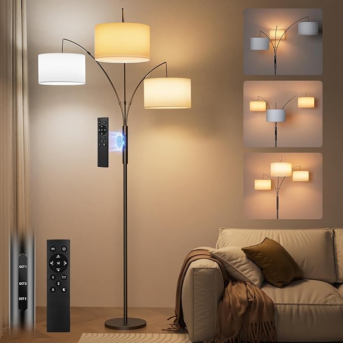 36W LED Arc Floor Lamp with 3 White Fabric Shades, 3000LM Super Bright Standing Lamp with Remote Control & Touch, Stepless Dimming, Individual Light Control for Living Room, Bedroom