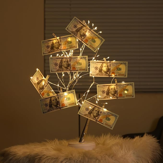 Money Tree Gift Card Holder 108 LEDs Lighted Fairy Light Spirit Trees Battery/USB Powered Light Up Display Tree with 22 Clear Clips for Photo, Cash,Card, Memo,Home Decor