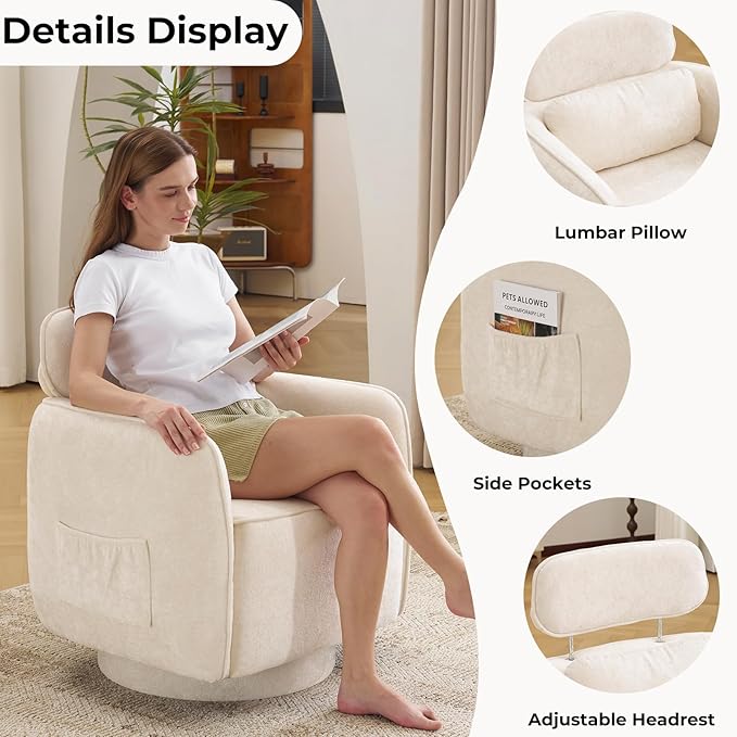 Modern 360°Swivel Accent Chair Set of 2 with Adjustable Headrest, Round Swivel Barrel Chairs with Lumbar Pillow, Vanity Chair for Makeup, Comfy Living Room Armchair for Living Room, Bedroom, Beige
