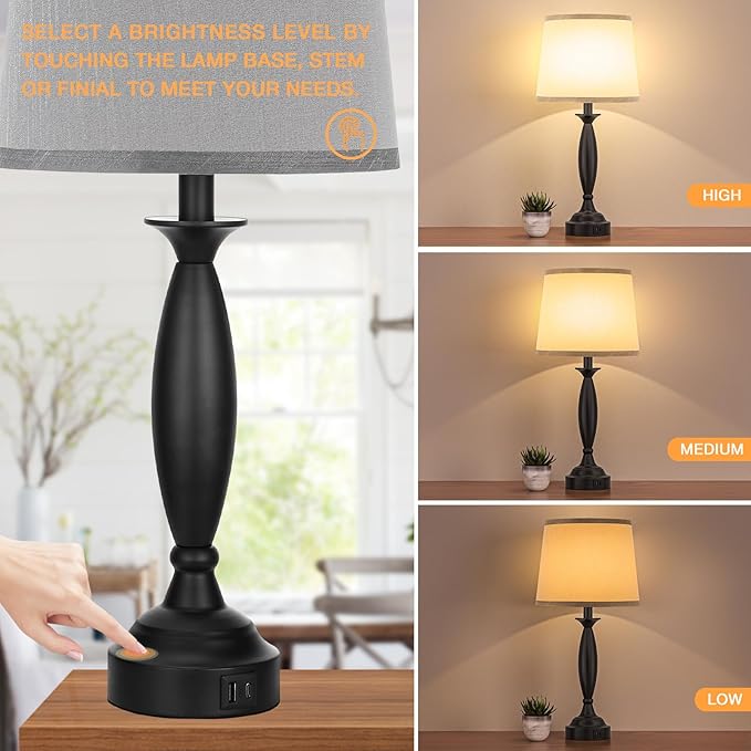 Grey Lamps for Bedrooms Set of 2 - Touch Control Bedside Lamp with USB C+A, 3 Way Dimmable Nightstand Lamps with USB Port, Table Lamp for Living Room(Grey Shade and Black Base)