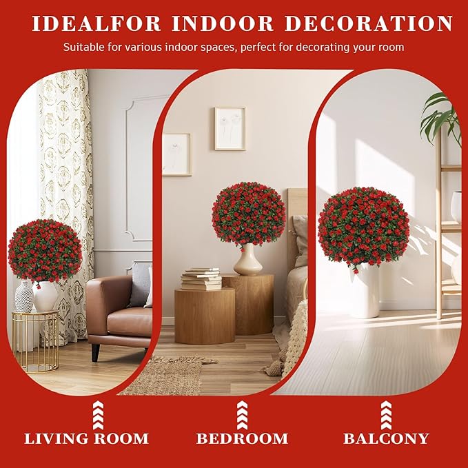 BAIJIALI Artificial Trees,2 Set of 16'' UV Resistant Fake Evergreen Shrubs Bushes Plants (Red Rose, 2 Packs)