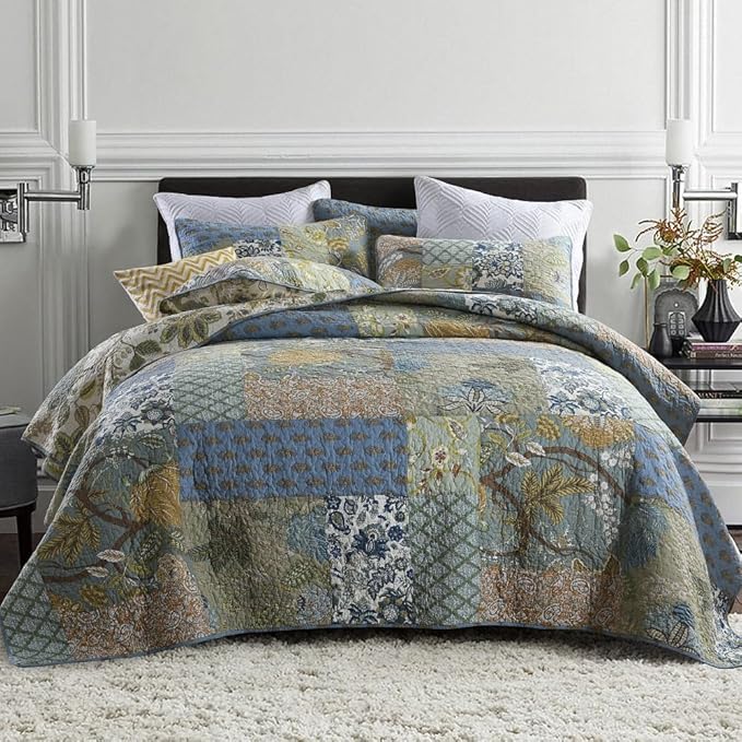 Cotton Bedspread Quilt Sets Reversible Bedding Coverlet Sets 3 Pieces Vintage Floral Patchwork Paisley Green Rustic Bedspread, Queen Size