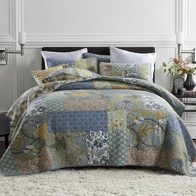 ENASAL Cotton Bedspread Quilt Sets Reversible Bedding Coverlet Sets Comforter, Patchwork Vintage Floral Paisley Farmhouse Pastoral Turquoise Bedspread, Queen Size