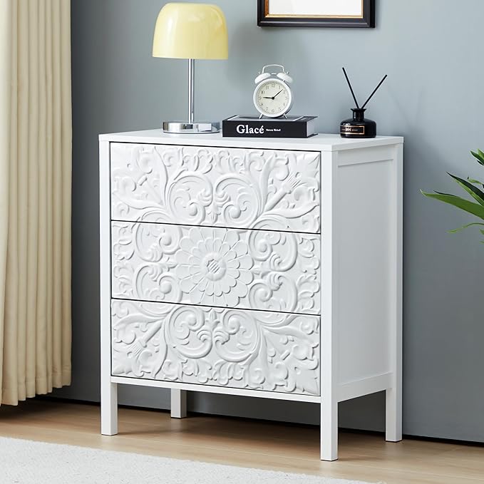 White 3 Drawer Dresser Set of 2, Wide Dresser Chest with 6 Drawers, Accent Nightstand Cabinet Luxury Carving Bedside Table for Bedroom Hallway Living Room Entryway Office (2, White)