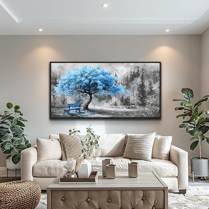 ZUITINGHUA Black Framed Canvas Wall Art For Living Room Wall Decor For Bedroom Office Wall Decoration Blue Tree Landscape Painting Black And White Picture Artwork Room Aesthetic Home Decor 20x40 In