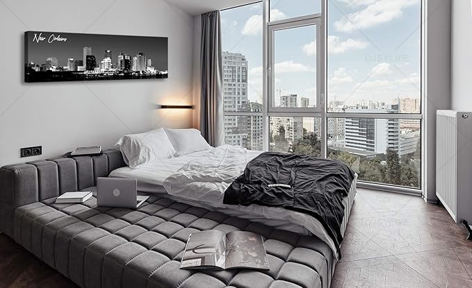 DJSYLIFE New Orlean Canvas Wall Art Decor City Skyline Pictures Poster Artwork Black and White Panorama Cityscape Painting for Bedroom Office Living Room Decoration Ready to Hang 13.8"X47.3"