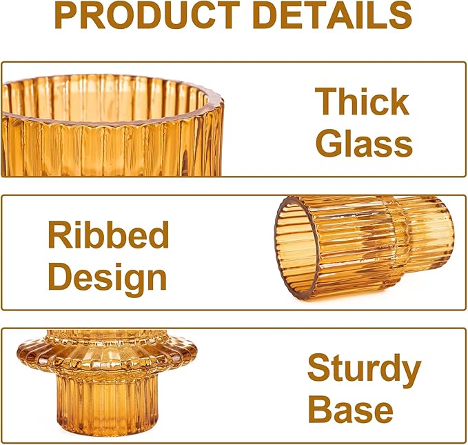 Candlestick Holders Set of 6, Ribbed Glass Taper Candle Holders, Reversible Amber Tealight & Candle Stick Candle Holder Vintage Crystal Tapered Candlestick for Wedding Dinner Party Festival