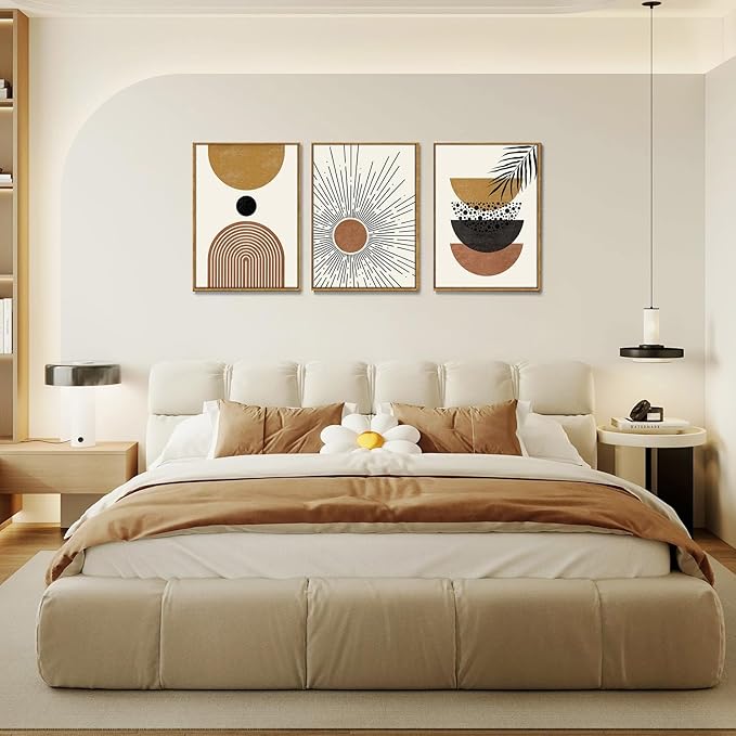 Bwodke Boho Wall Art, Framed Abstract Sun Wall Art, Neutral Canvas Wall Decor, Mid Century Geometric Line Pictures Set of 3, Minimalist Paintings, for Bedroom Living Room Bathroom 16"x24"