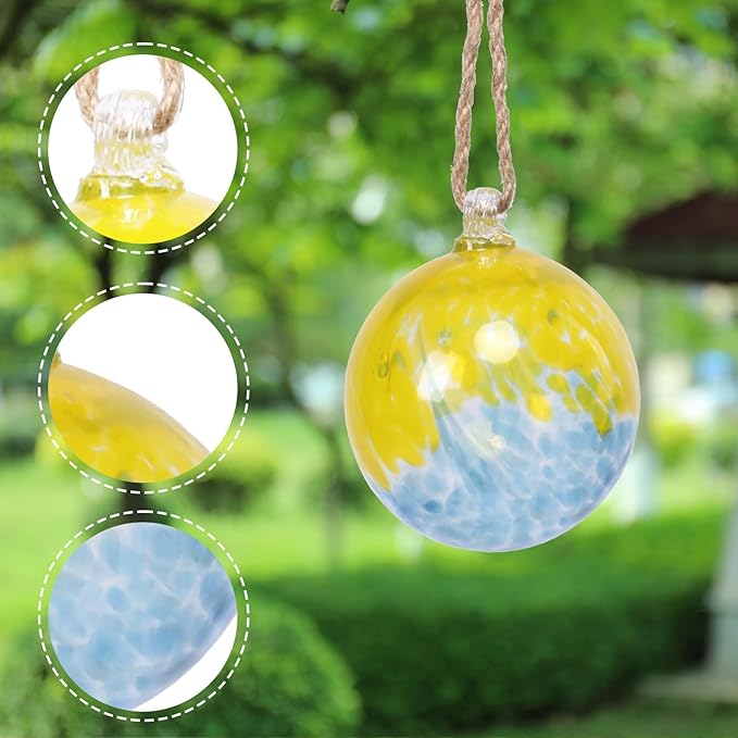 VCUTEKA Hanging Garden Gazing Ball, Hand-Blown Glass Witch Ball for Outdoor Garden Décor, 6" Blue Yellow Swirl