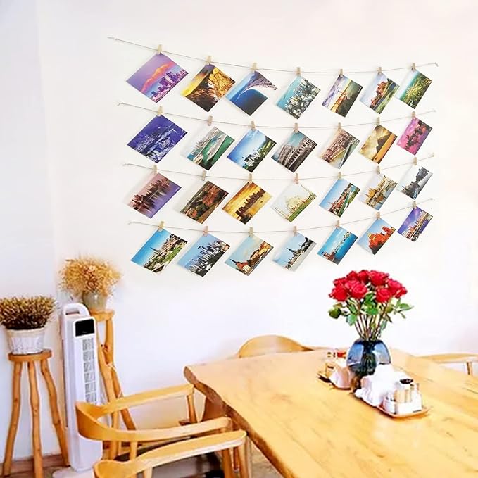 Photo Hanging Display with 50 Photo Clips, String Hanging Pictures Decor Wall Display, Clip Photo Holders for Hanging Kids Artwork On Wall Decor Home