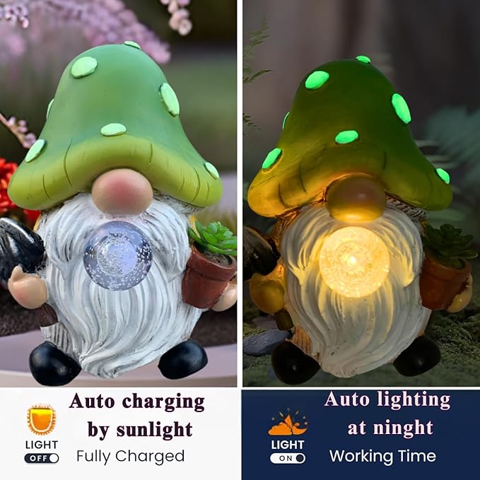 Solar Mushroom Gnomes Garden Statues Outdoor Decor with Night Glow,Cute Fairy Garden Statues for Yard,Pathway,Lawn Art Ornamen,Spring,Easter,Birthday Christmas Women Mom Gift Idea