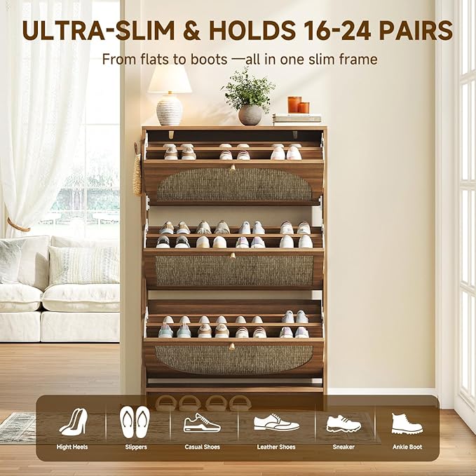 Nicetree Freestanding Ultra Slim Fluted Accent Shoe Storage Cabinet for Entryway - 3 Flip Drawers & 3-Tier Adjustable Shelves, Farmhouse Modern Rustic Shoe Rack for Hallway, Foyer