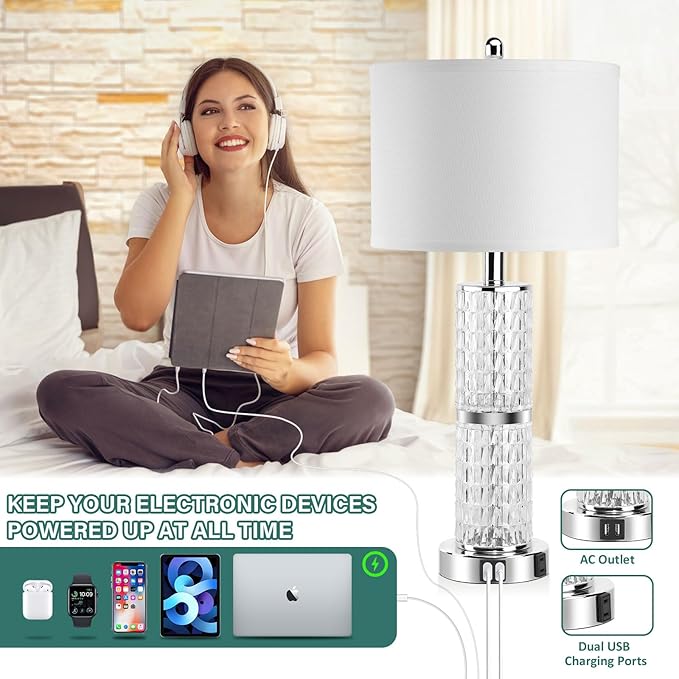 3-Way Touch Control Crystal Table Lamps Set of 2, Silver Modern Bedside Lamp with 2 USB Ports & AC Outlets for Living Room, 26' Tall Desk Lamps with White Drum Shade for Bedroom, 2 Free Bulbs Included