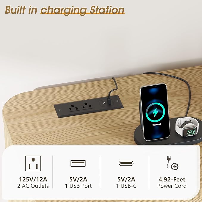 Alohappy Fluted 6 Drawer Dresser with Charging, 57" Wide Wood Dresser TV Stand, Mid Century Modern Long Dressers with Curved Profile Design for Closet (Natural Oak, 17.7" D x 57" W x 31.5" H)