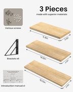 BAYKA Wall Shelves for Bedroom Decor, Floating Wall Shelves for Living Room Kitchen Storage, Wall Mounted Rustic Wood Floating Shelves for Kids Books, Corner Shelves for Bathroom(Brown，Set of 3)