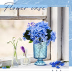 6 Pcs (H:7" W:4") Embossed Flower Vase Fall Pedestal Glass Vase Big Base Thickened Crystal Vintage Vases for Autumn Wedding Home Decor Table Centerpiece House Warming Gifts(Blue)