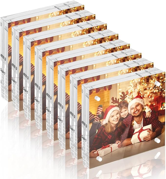 4 x 4 Acrylic Picture Frames 8 Pack, Clear Frameless Magnetic Double Sided Photo Frame, Self Standing Desktop Display Stand for Bedroom Living Room Home