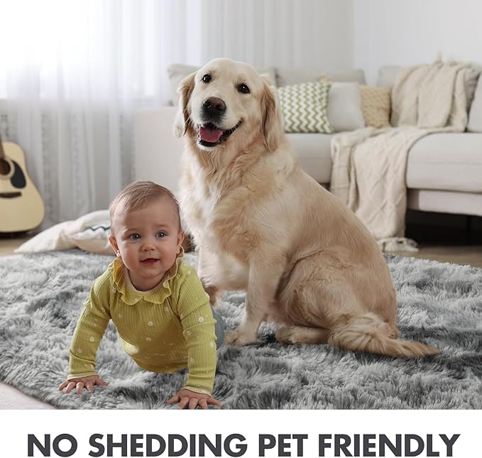 7x10 Ft Extra Large Shag Rugs for Living Room, Tie Dyed Ultra Soft Fluffy Furry Area Rugs for Bedroom Indoor Floor, Aesthetic Carpet for Kids Home Decor (Light Grey)