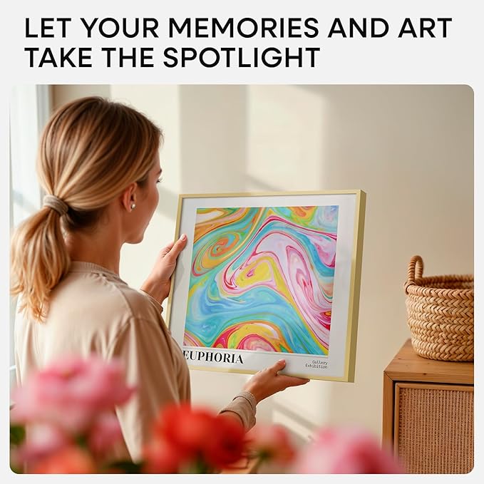 Homeforia 12x12 Picture Frame Gold, High End Metal 12 x 12 Square Poster Frame with Mat 10 x 10 Photo, 12x12 Frame Matted to 10x10 Print, 12by12 Gold Hanging Frames, Tempered Glass, Wall Kit, Set of 1