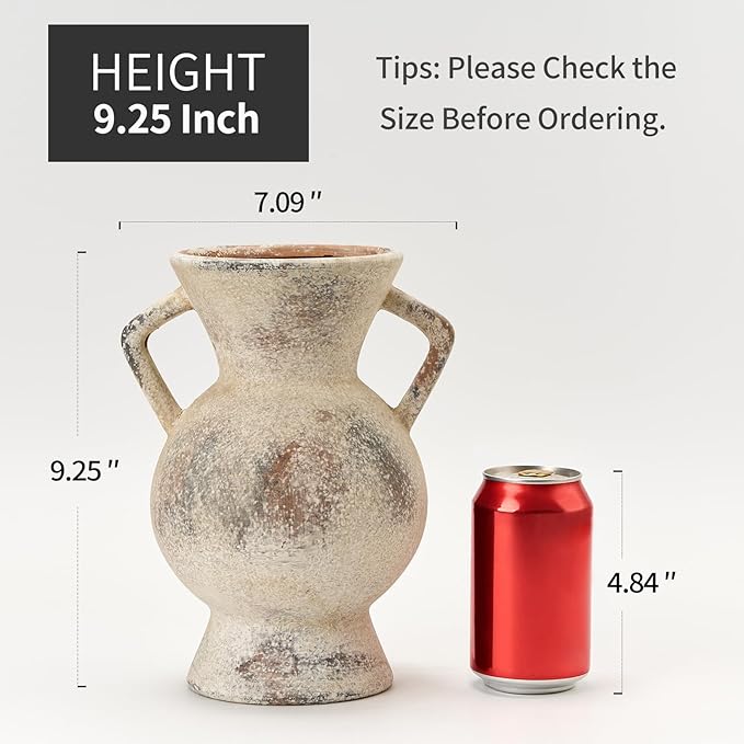 LUKA Antique Ceramic Vase with 2 Handle,9.25 inches Rustic Vase Minimalist Decor, Decorative Vases for Home Decor, Table, Living Room, Shelf, Christmas Decoration(Large,Gray)