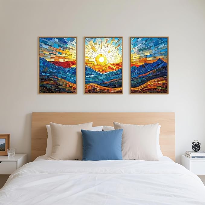 Mountains Framed Canvas Wall Art Set, Modern Abstract Art Painting, Irregular Square Ridge Wall Decor, Sunrise Art Print for Living Room, Bathroom, Bedroom, Office - 16"x24"x3