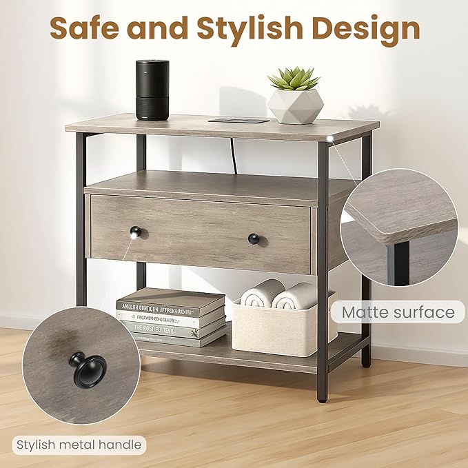 27 Inch Wide Night Stand with Charging Station, Wood Nightstand with Open Shelf, Large Drawer Bedside Table for Living Room/Bedroom/Office (Rustic Gray)