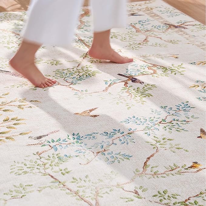 jinchan Round Rugs 7ft Ivory Botanical Birds Print,Machine Washable 7' Circle Nature Plants Modern Soft Non Slip Kids Throw Area Rugs Ultra Thin Low Pile Carpet for Living Room Bedroom Dining Room