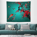 Houselerax Japanese Koi Fish Tapestry, Cherry Blossoms Asian Oriental Green Teal Floral Branch Koi Fish Carp Tapestries Wall Hanging for Bedroom Living Room Office Decor 60"x50"
