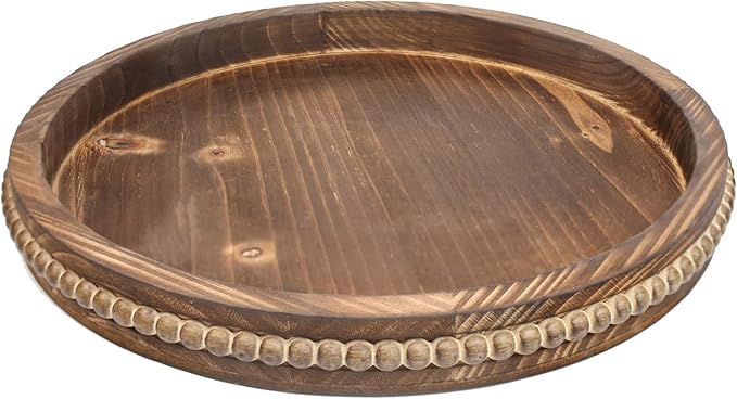 Round Burnt Wood Serving Tray with Beads, Wooden Decorative Tray for Entertaining, Decoration, and Gifting,