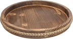 Round Burnt Wood Serving Tray with Beads, Wooden Decorative Tray for Entertaining, Decoration, and Gifting,