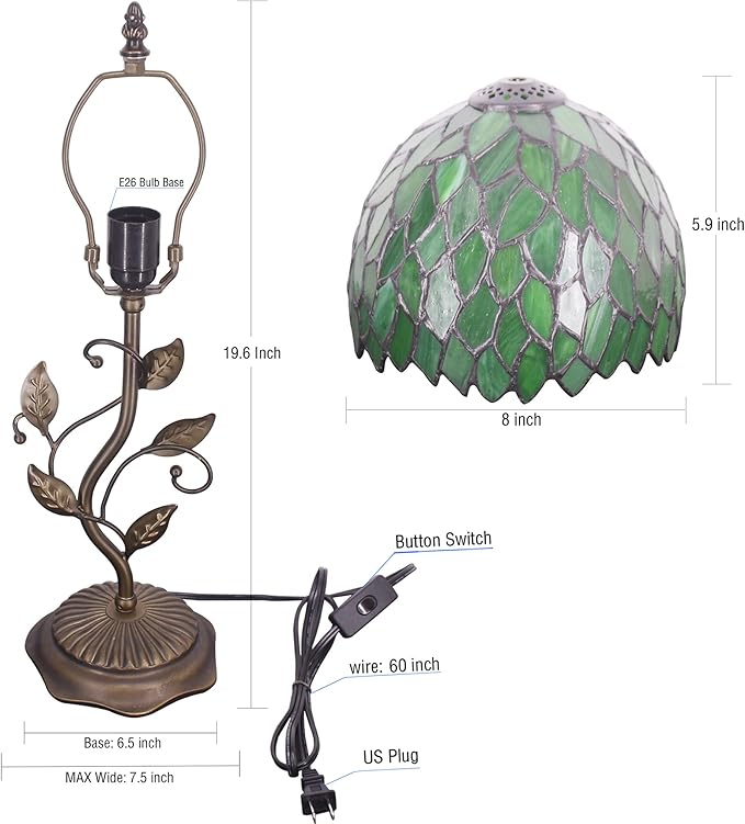 Small Tiffany Lamp Stained Glass Table Lamp Metal Leaf Accent Desk Memory Lamp Sympathy 8X20 Inch (Green Wisteria Leaves Style)