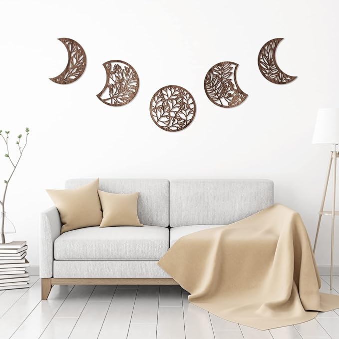 Jetec 5 Pcs Moon Phase Wall Art Decor Wall Pediments Hanging Wooden Moon Phase Spiritual Bedroom Nordic Boho Lunar Aesthetic Art for Living Room Dorm Apartment Bar Ornament(Brown,10.6 Inch)