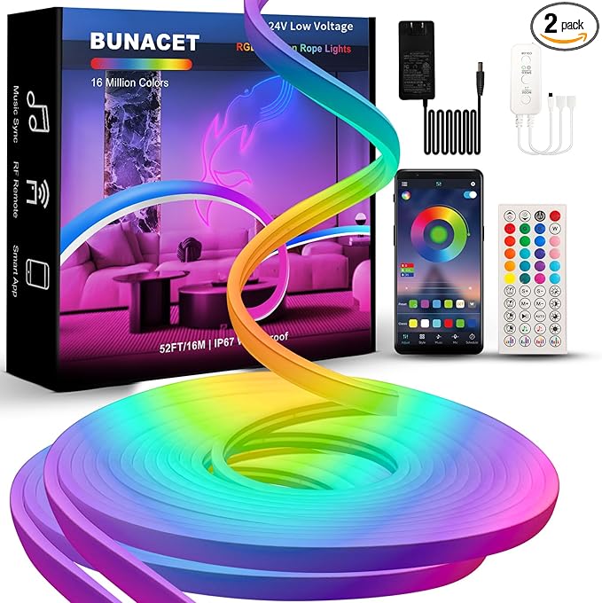 52FT LED Neon RGBIC Lights, LED Lights with RF Remote & APP Control, Flexible IP65 Waterproof Outdoor,Music Sync,DIY Design, 24V LED Strip Lights for Gaming Livingroom Wall Christmas Decor